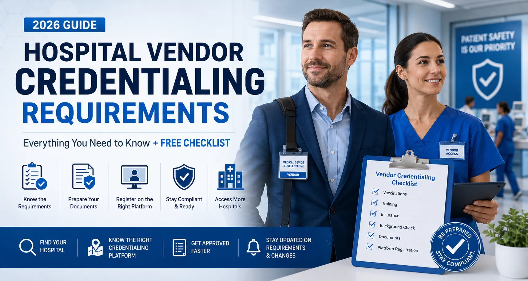 Medical sales representative and healthcare worker reviewing a hospital vendor credentialing checklist